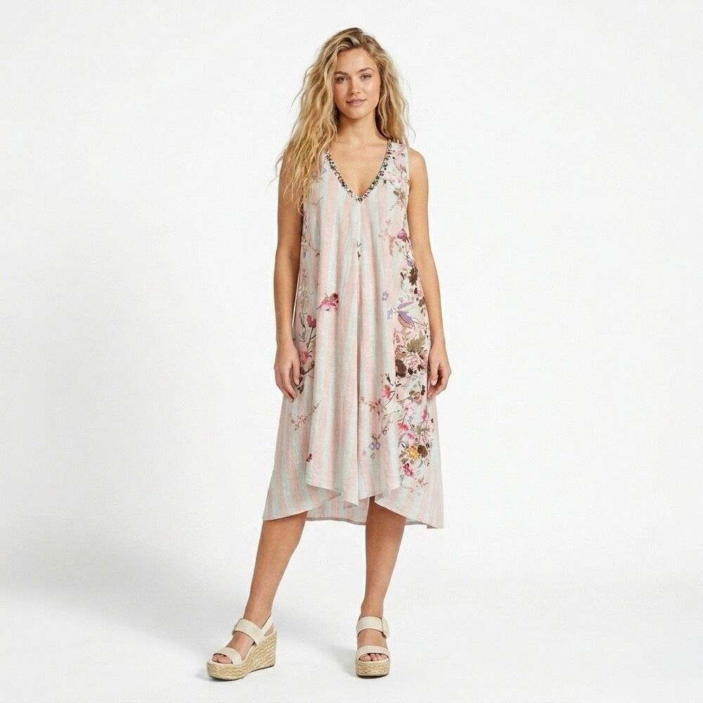 Antica Sartoria Striped Floral Beaded Cotton Boho Sleeveless Midi Dress S/M